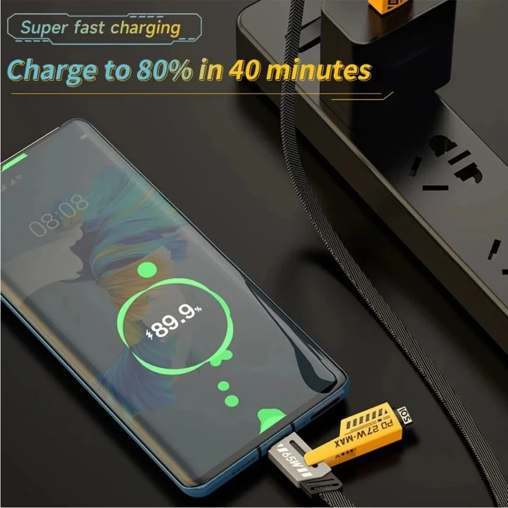 🆕4-in-1 USB TYPEC 6FT Cable 65W Fast Charging Flat Braided Anti-Tangle Universal
